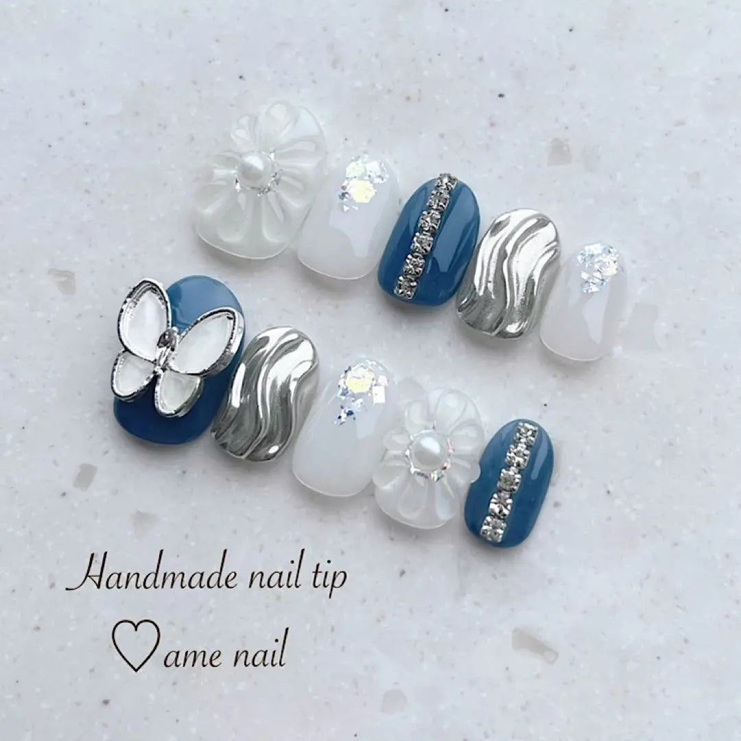 [Custom-made nail tips] Pukkuri flower blue white silver butterfly Korean