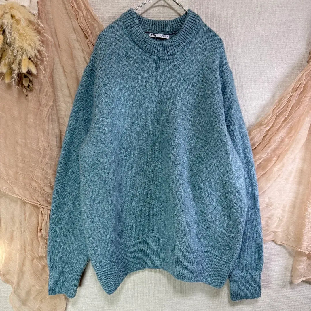 [ZARA] M Crew Neck Knit Sweater Blue Unisex Washable