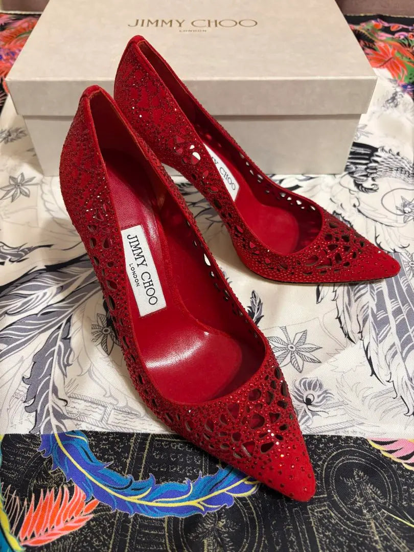 JIMMY CHOO Red High Heels Crystal | JIMMY CHOO レッド ハイヒール　クリスタル