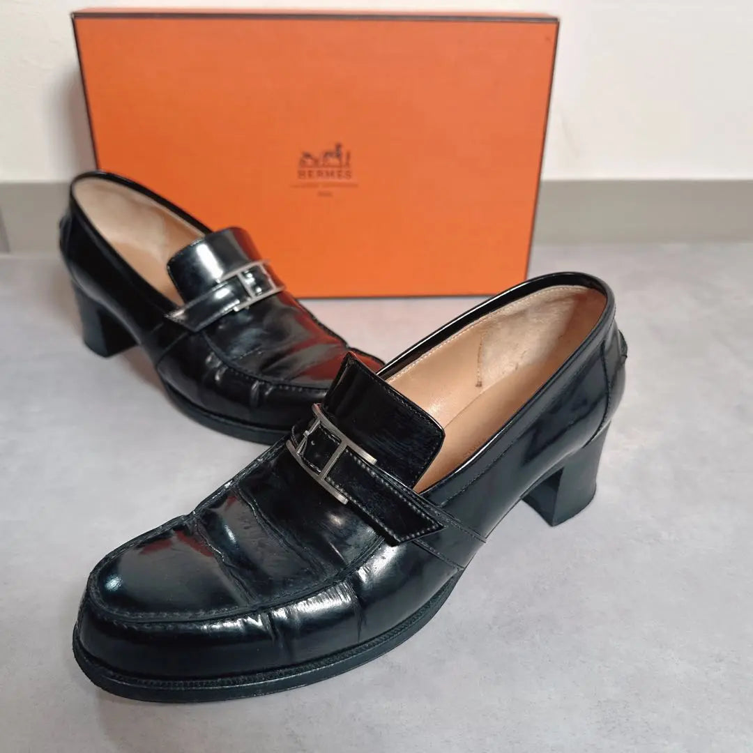 HERMES Loafers, Silver Fittings, Black, 36, Boxed