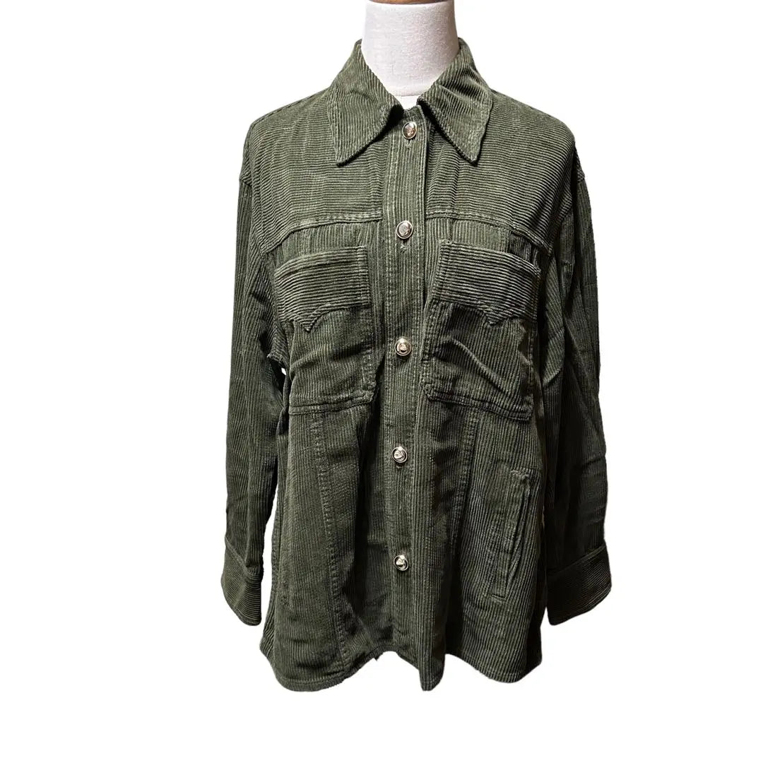 [Buen estado] Chaqueta ZARA verde (S) 4 bolsillos estilo camisa de algodón