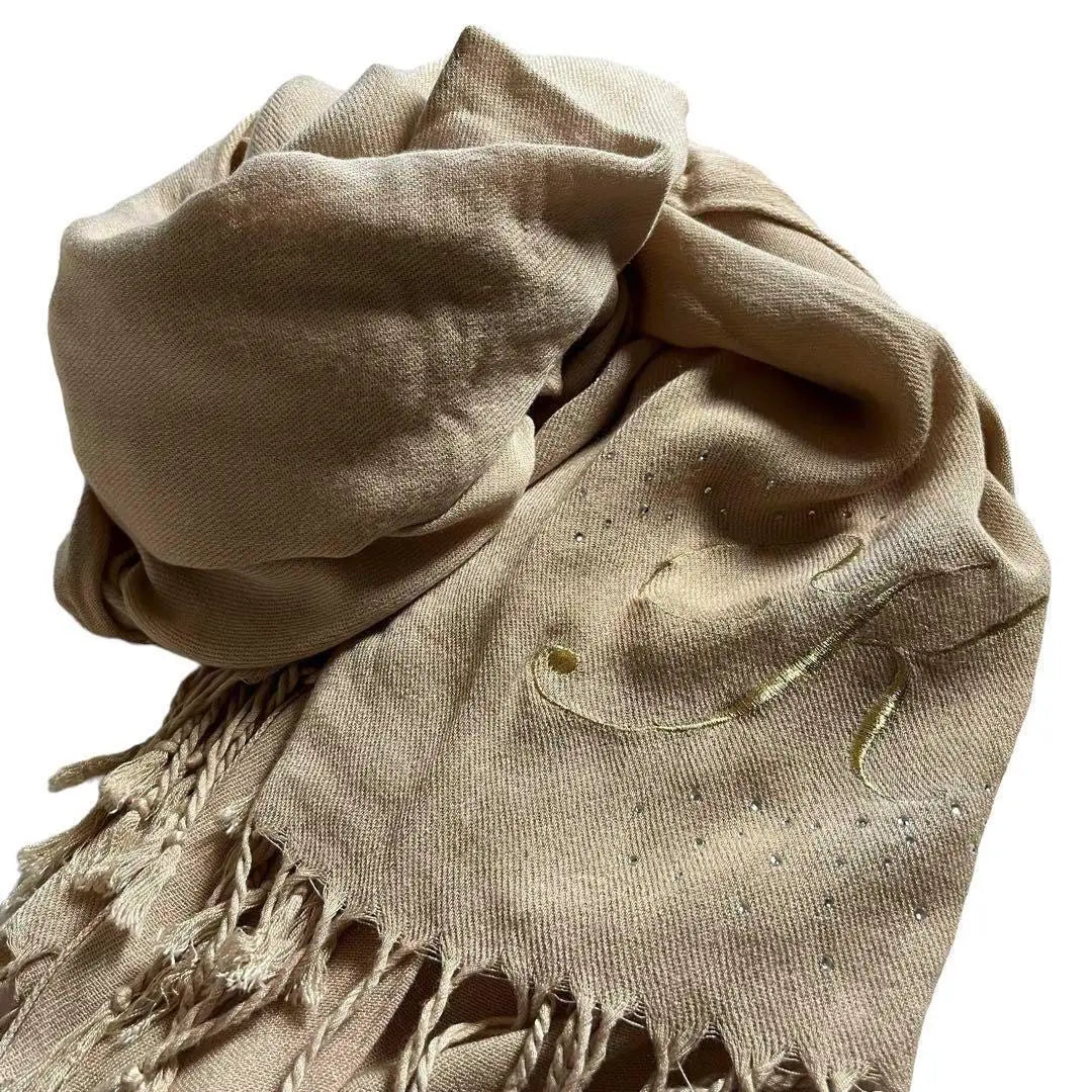 Early spring large scarf with fringe, beige, one-point logo, glitter