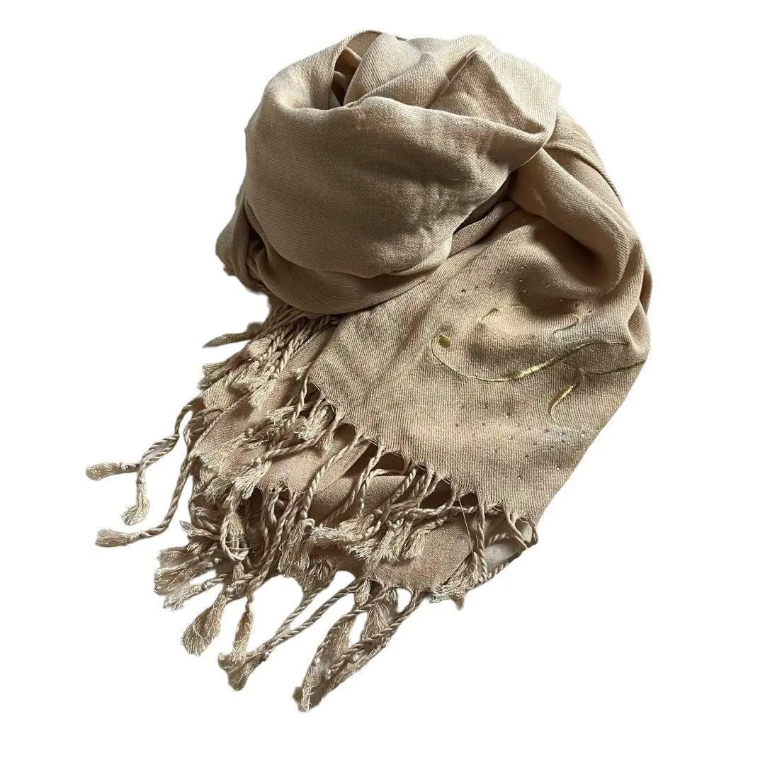 Early spring large scarf with fringe, beige, one-point logo, glitter