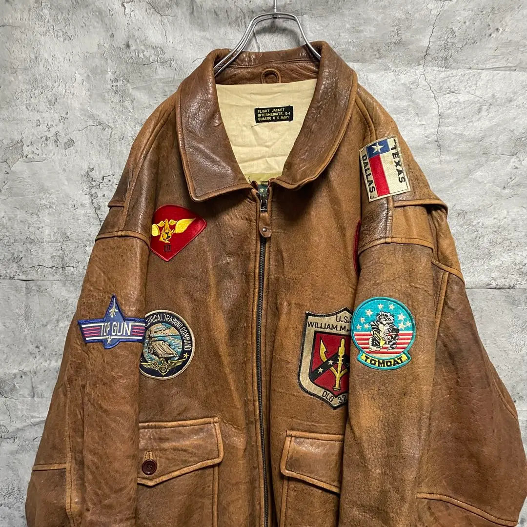 TOPGUN Top Gun Flight Jacket Vintage Genuine Leather Patch 4XL