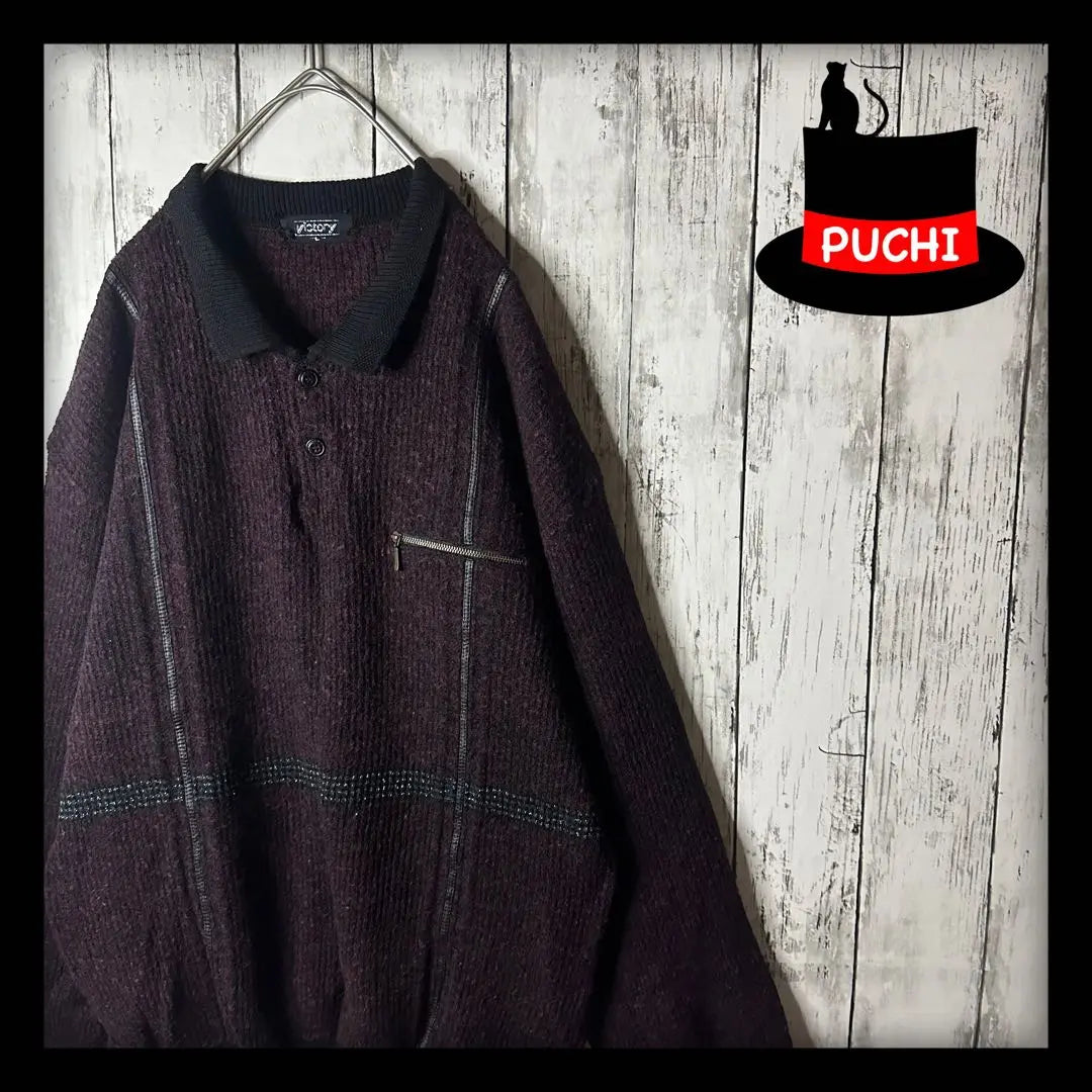 [Retro ☆ Polo knit] Half button ☆ Bicolor ☆ Different materials ☆ L ☆ Bordeaux black