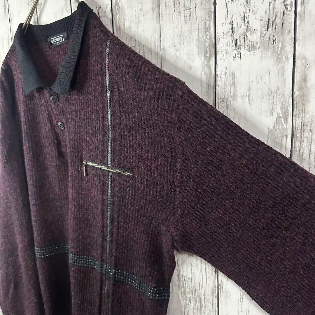 [Retro ☆ Polo knit] Half button ☆ Bicolor ☆ Different materials ☆ L ☆ Bordeaux black