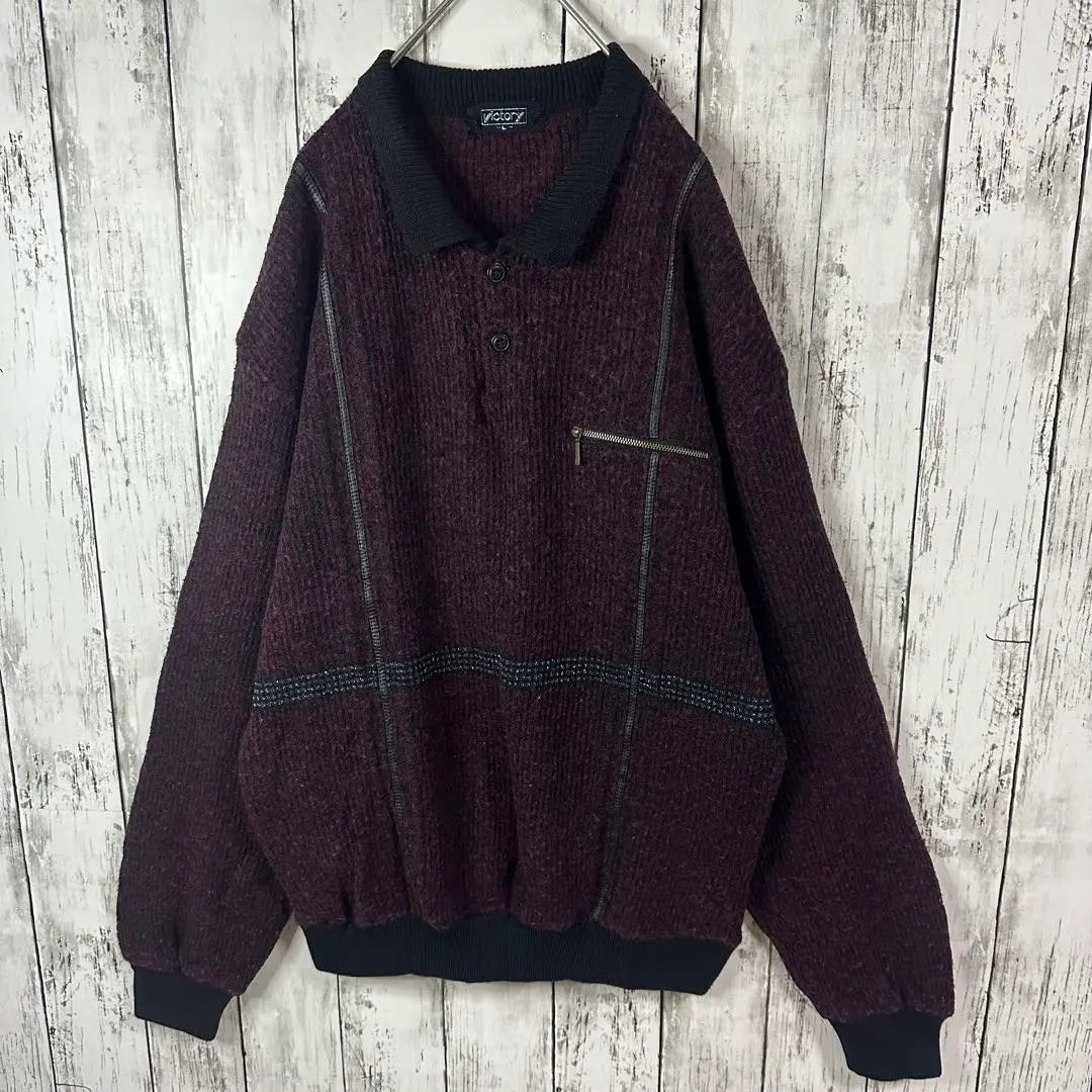 [Retro ☆ Polo knit] Half button ☆ Bicolor ☆ Different materials ☆ L ☆ Bordeaux black