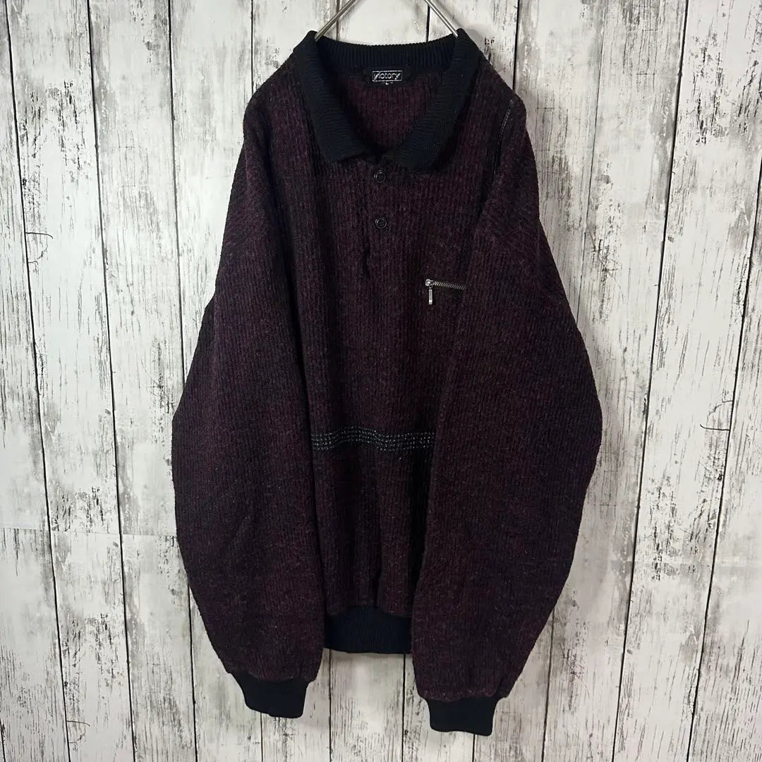 [Retro ☆ Polo knit] Half button ☆ Bicolor ☆ Different materials ☆ L ☆ Bordeaux black