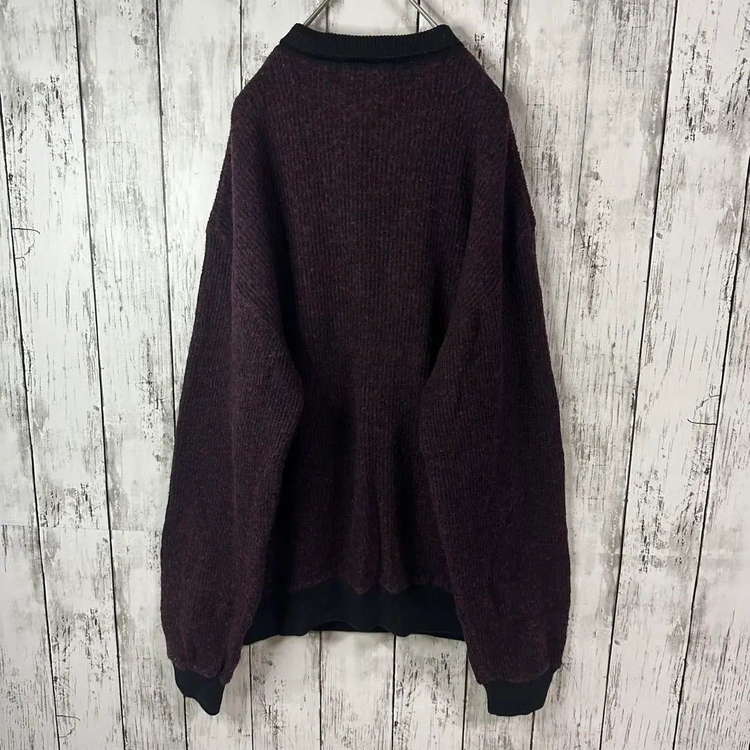 [Retro ☆ Polo knit] Half button ☆ Bicolor ☆ Different materials ☆ L ☆ Bordeaux black