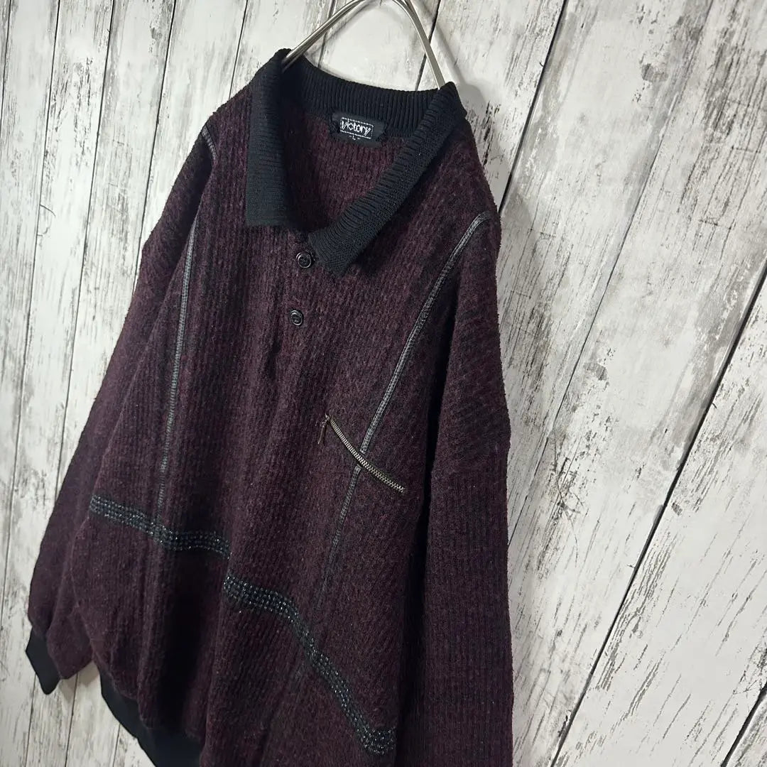 [Retro ☆ Polo knit] Half button ☆ Bicolor ☆ Different materials ☆ L ☆ Bordeaux black