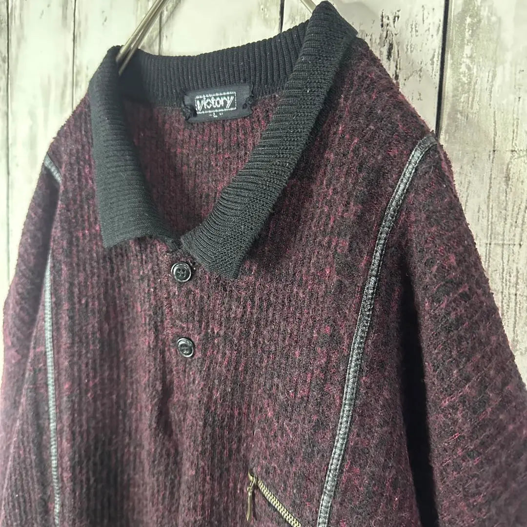 [Retro ☆ Polo knit] Half button ☆ Bicolor ☆ Different materials ☆ L ☆ Bordeaux black