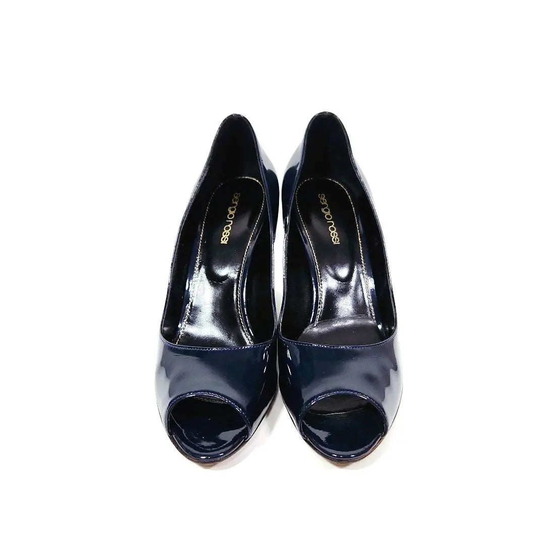 [Good condition] Sergio Rossi open toe enamel wedge sole pumps navy blue