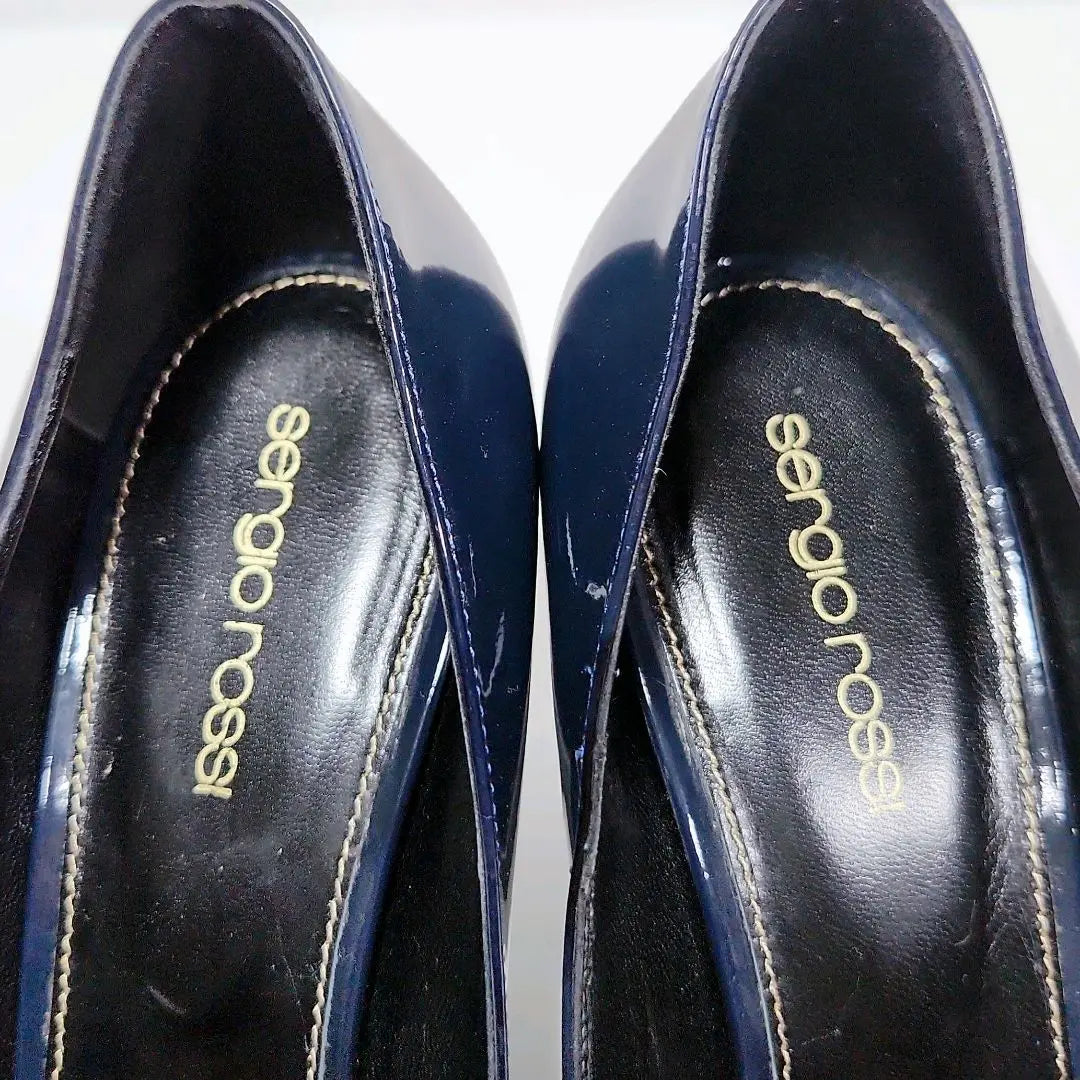 [Good condition] Sergio Rossi open toe enamel wedge sole pumps navy blue