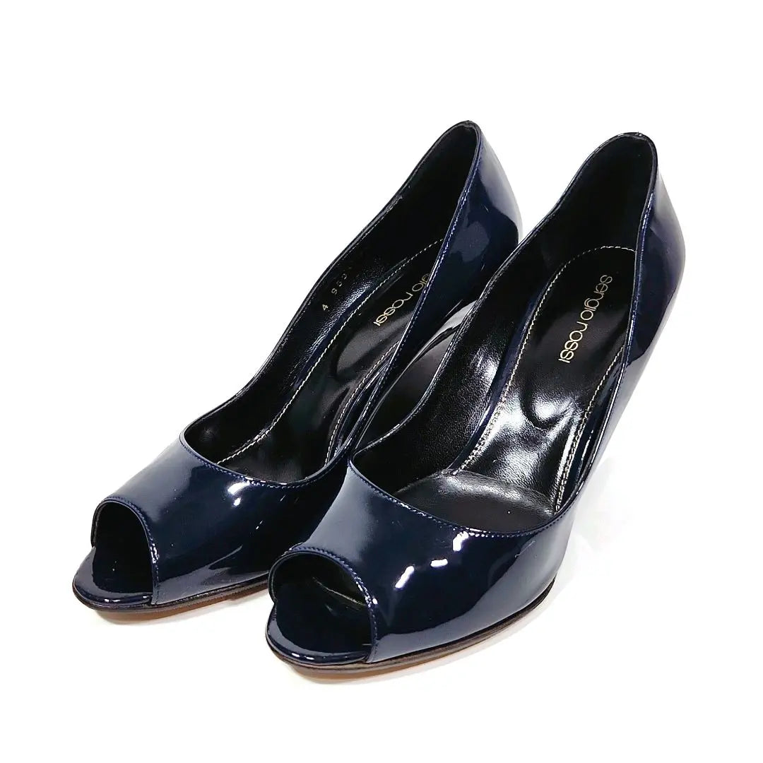 [Good condition] Sergio Rossi open toe enamel wedge sole pumps navy blue