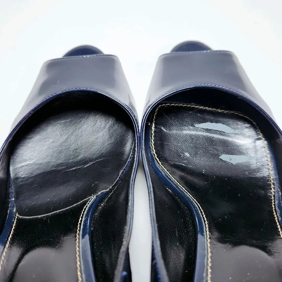 [Good condition] Sergio Rossi open toe enamel wedge sole pumps navy blue