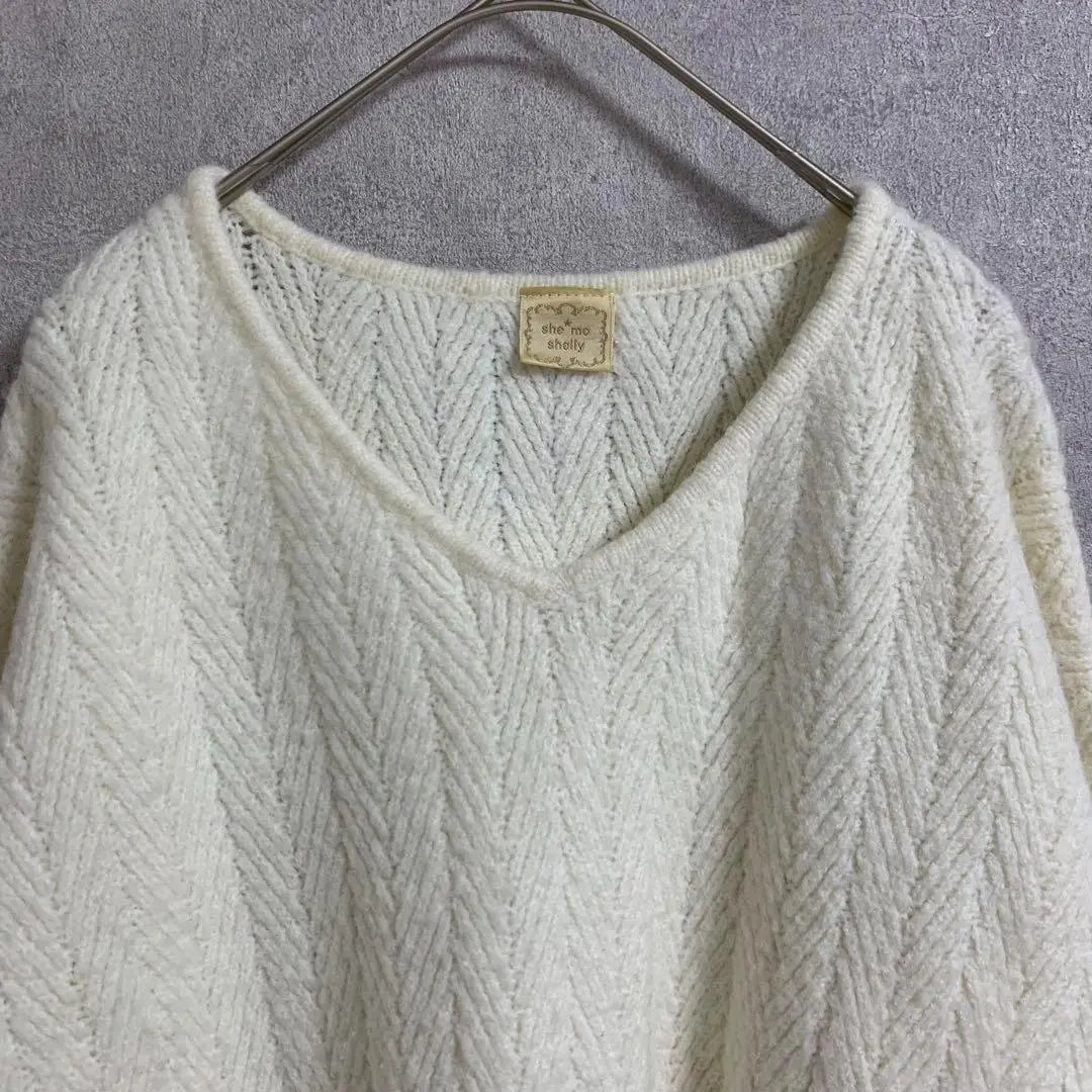 she mo shelly V-neck knit sweater, all-over pattern, long, off-white