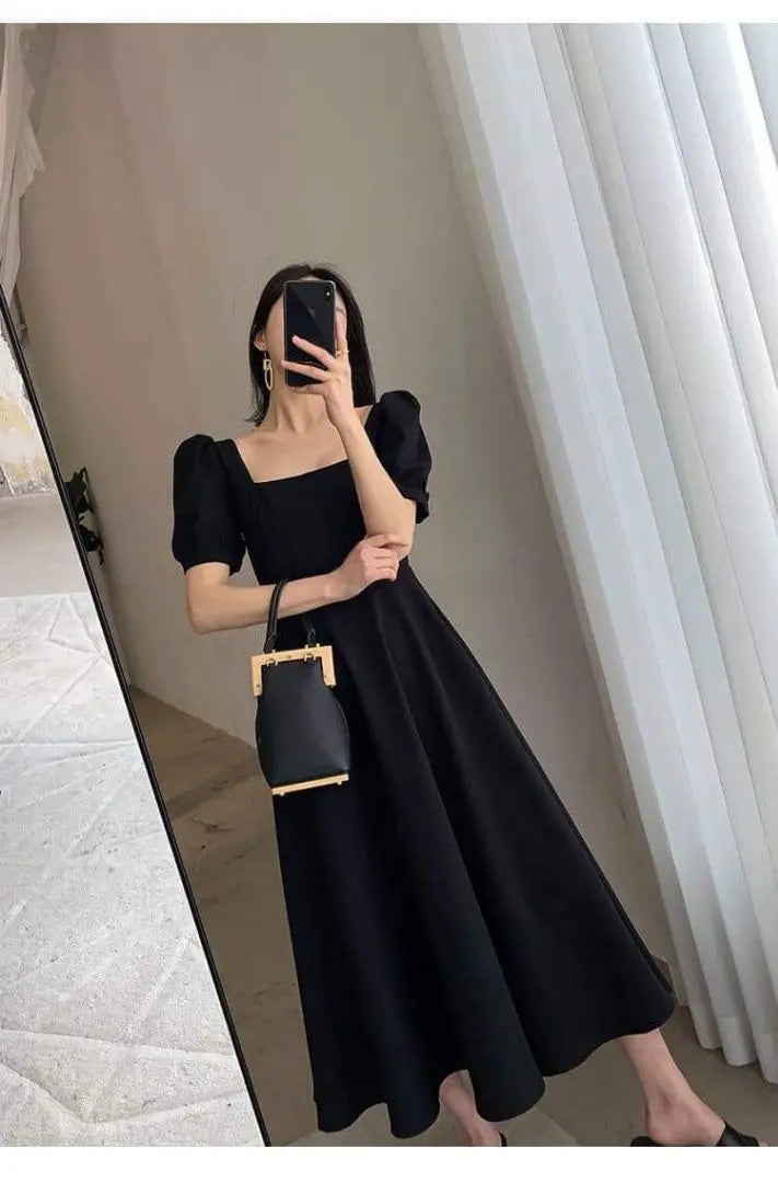 Puff sleeve dress black M flare skirt cute adult