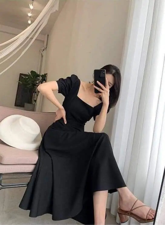 Puff sleeve dress black M flare skirt cute adult