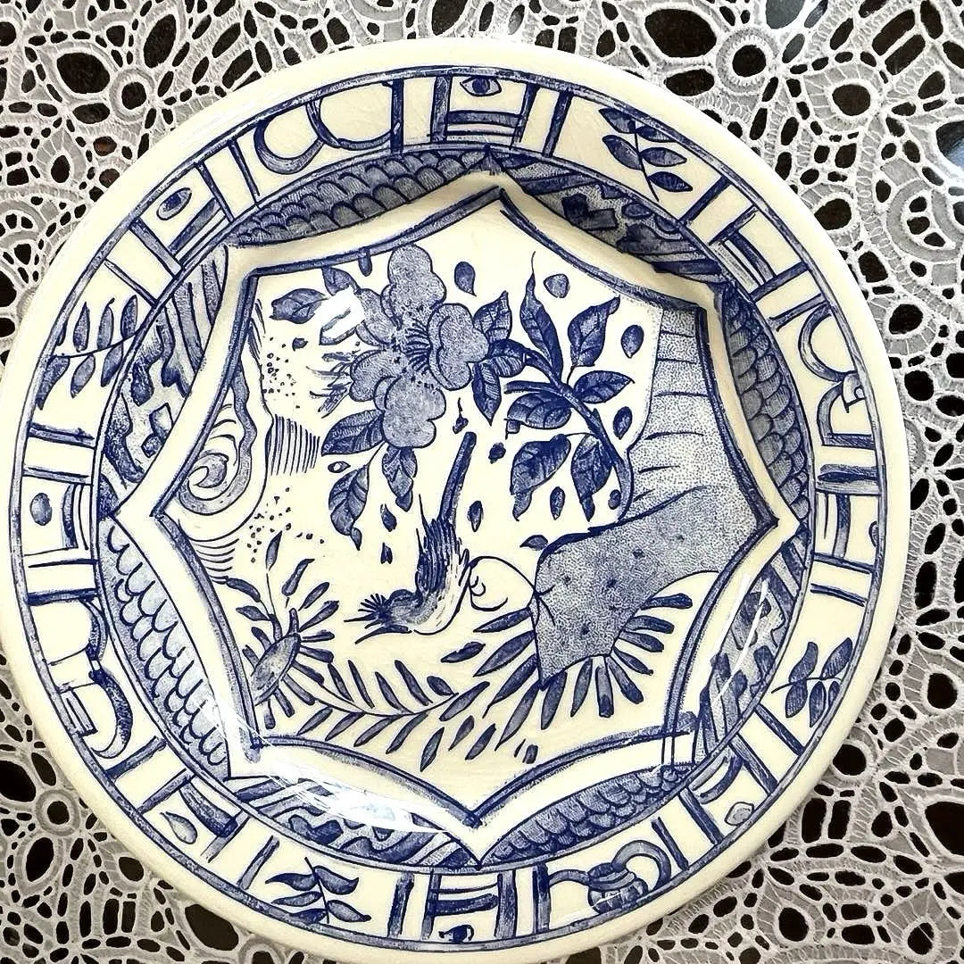 ★Jian, Oval Plate★ 25.5cm Owazo Blue Ceramic Plate with Blue Flowers and Birds Luxury