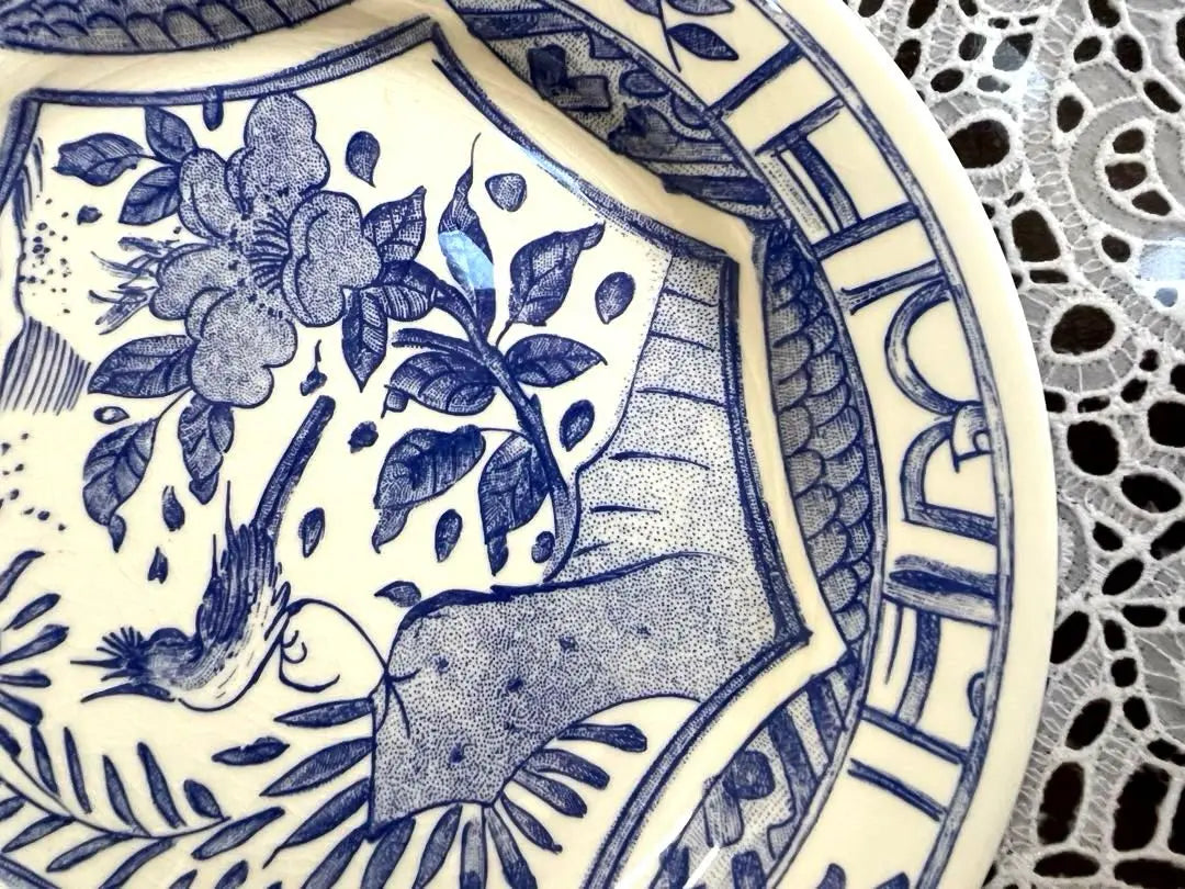 ★Jian, Oval Plate★ 25.5cm Owazo Blue Ceramic Plate with Blue Flowers and Birds Luxury