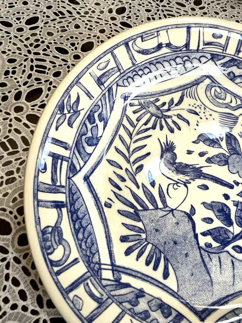 ★Jian, Oval Plate★ 25.5cm Owazo Blue Ceramic Plate with Blue Flowers and Birds Luxury