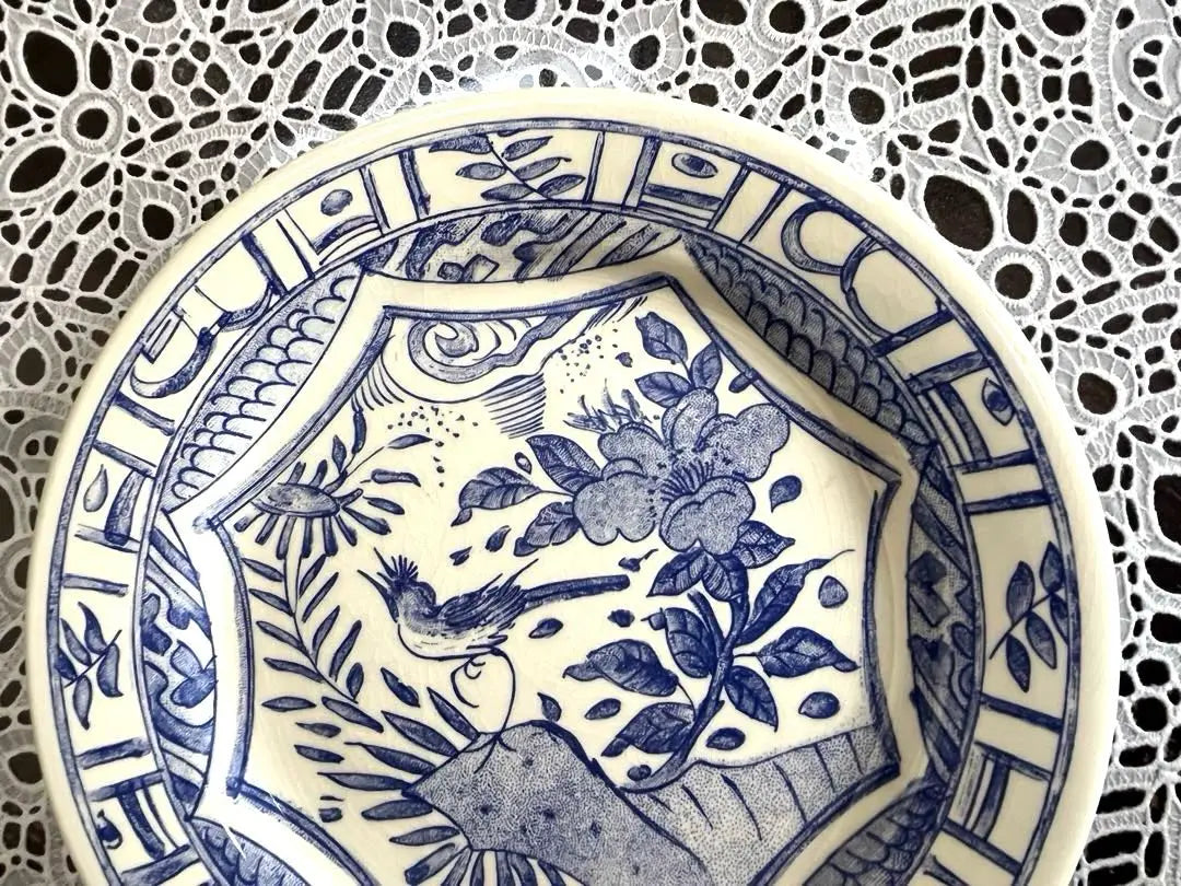 ★Jian, Oval Plate★ 25.5cm Owazo Blue Ceramic Plate with Blue Flowers and Birds Luxury