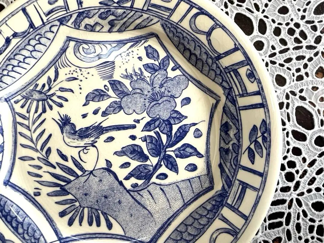 ★Jian, Oval Plate★ 25.5cm Owazo Blue Ceramic Plate with Blue Flowers and Birds Luxury