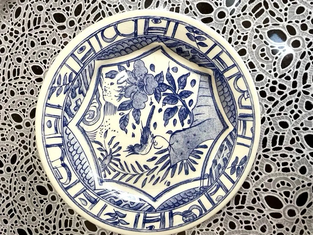 ★Jian, Oval Plate★ 25.5cm Owazo Blue Ceramic Plate with Blue Flowers and Birds Luxury