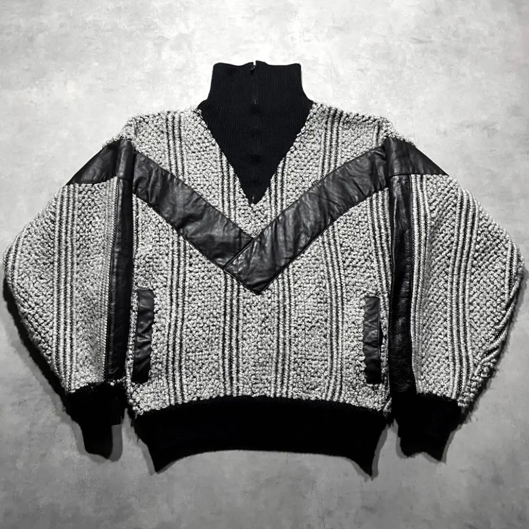 80s USA leather × knit sweater black Y2K