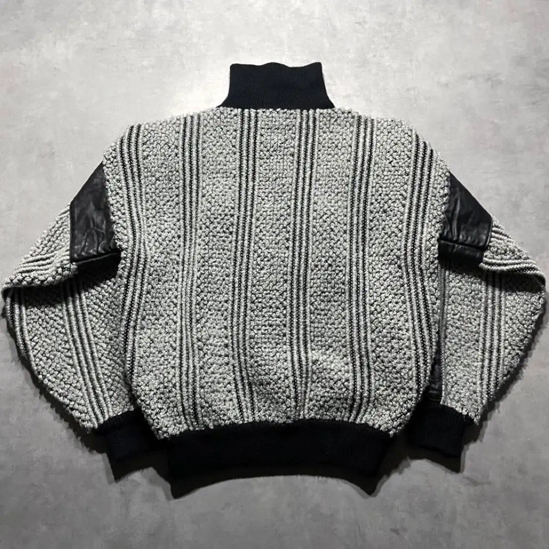 80s USA leather × knit sweater black Y2K