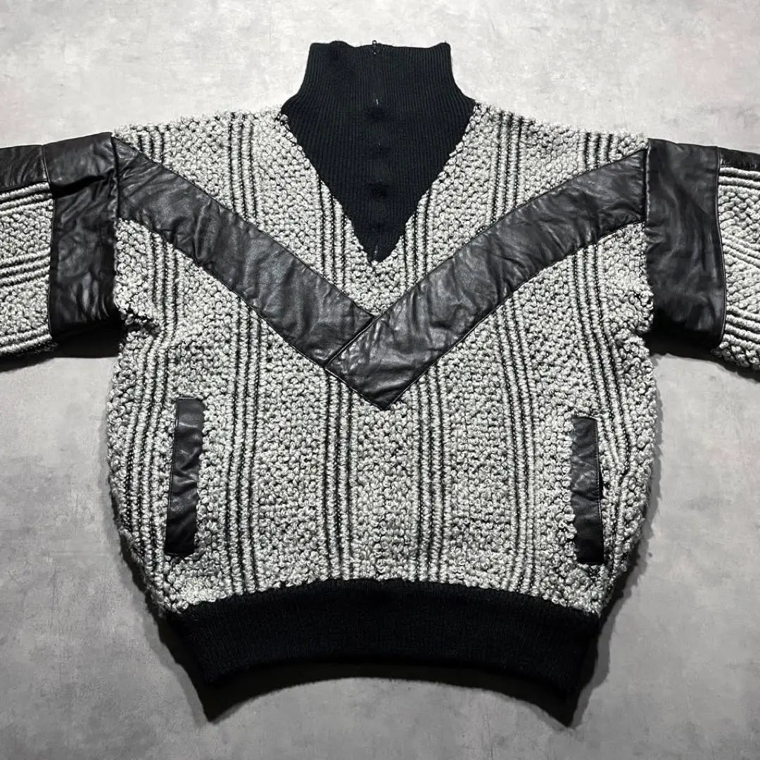 80s USA leather × knit sweater black Y2K