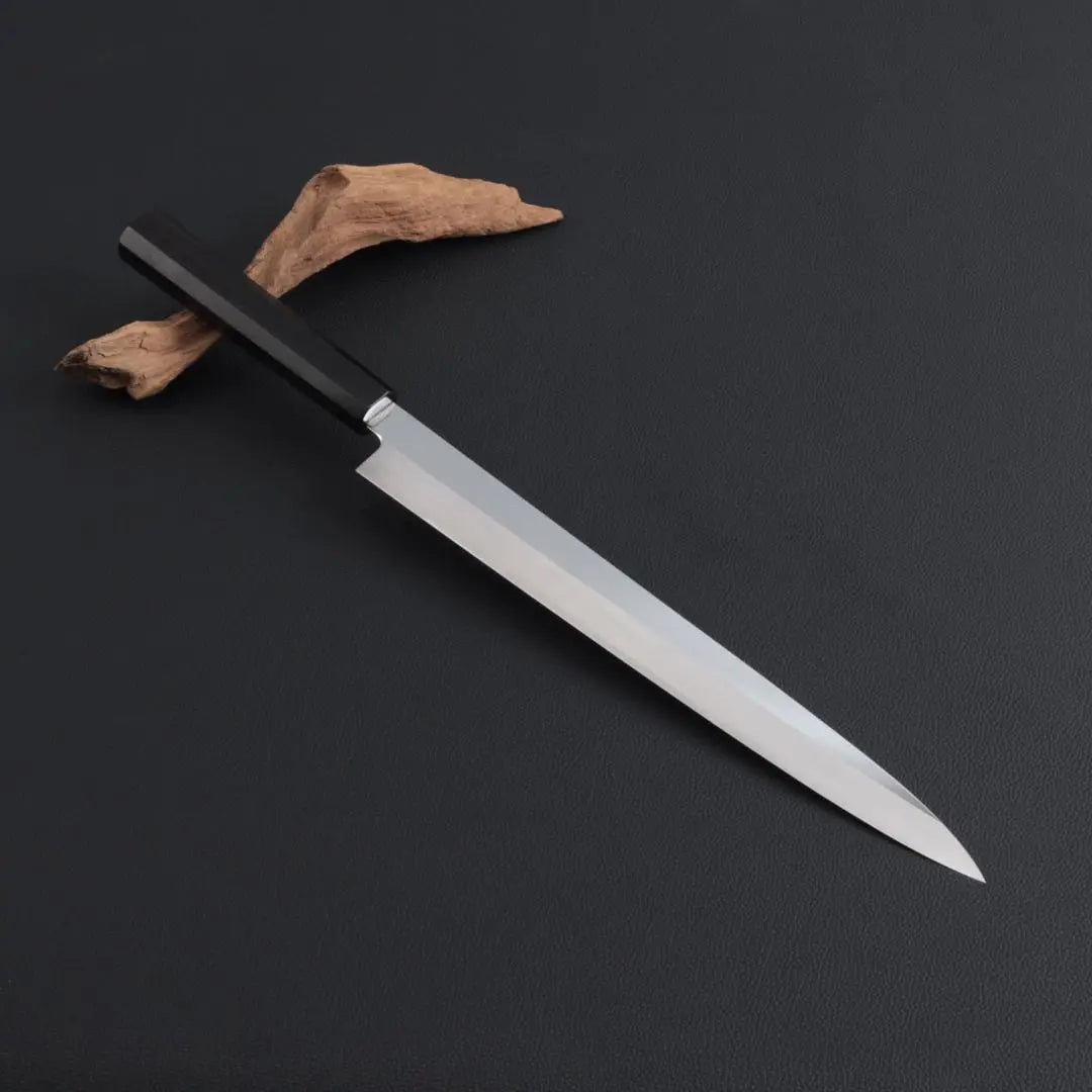 8578 Brahma-shiki blade, ultra-thin yanagi-ba knife, 1.7mm thick, mirror finish, magnitude, ebony black buffalo horn octagonal handle