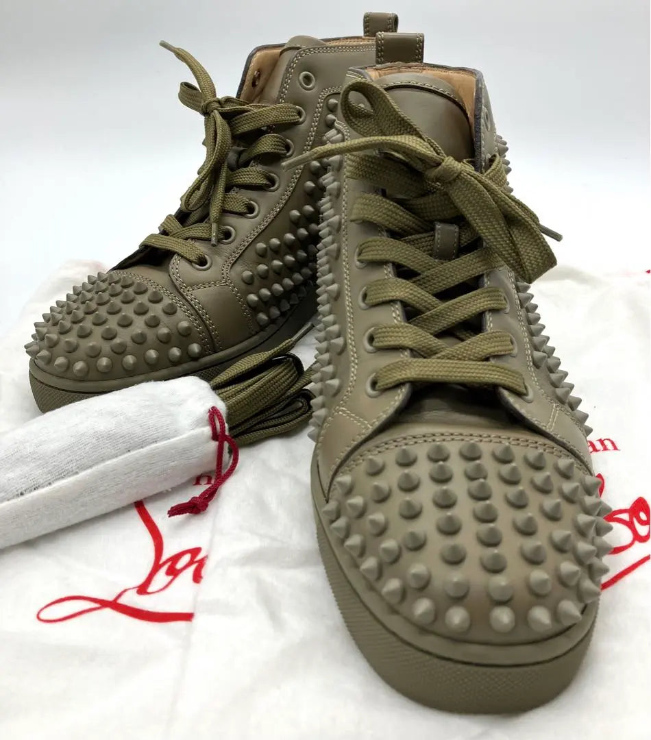 ⭐️ Superb condition Louboutin spikes studs high cut sneakers khaki certified