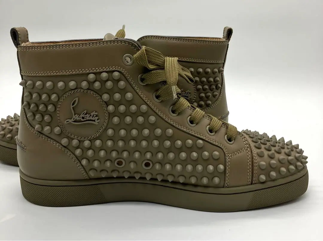 ⭐️ Superb condition Louboutin spikes studs high cut sneakers khaki certified