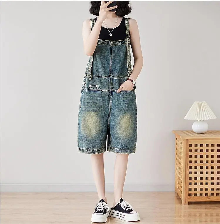 Large size women's overalls pants, half denim, new