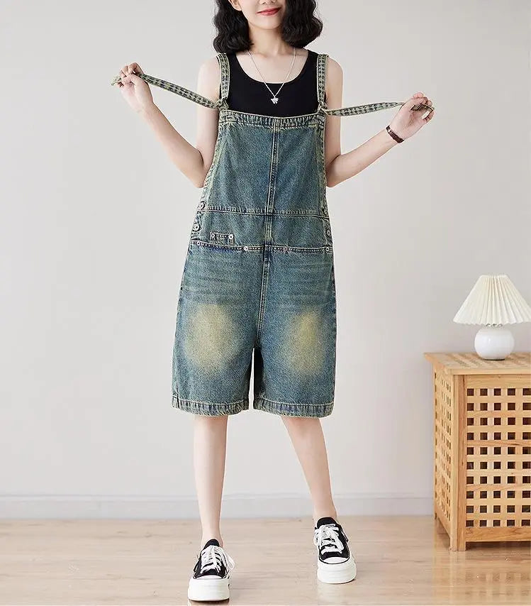 Large size women's overalls pants, half denim, new