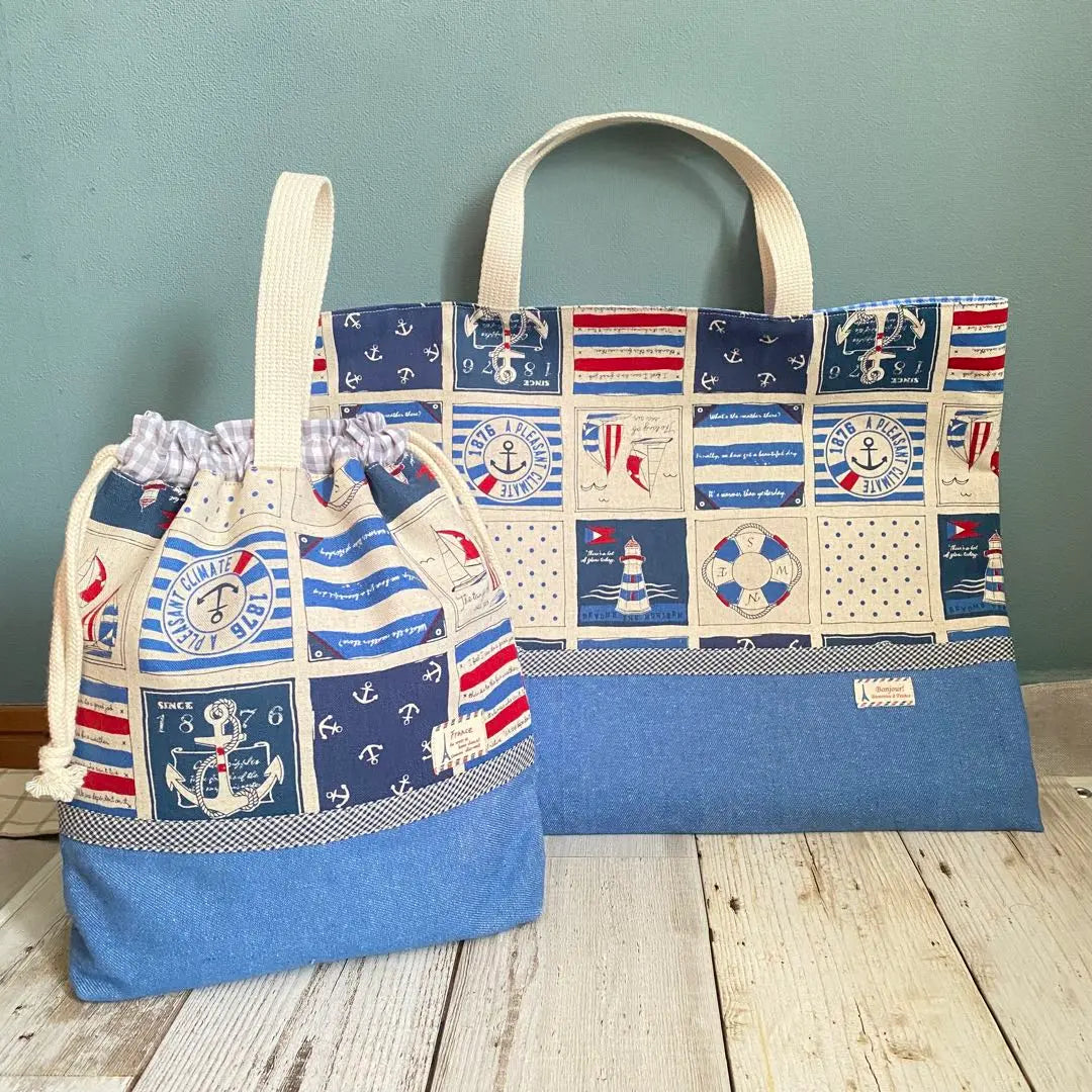 Entrance and school entrance set, lesson bag, shoe holder, handmade, marine pattern ②