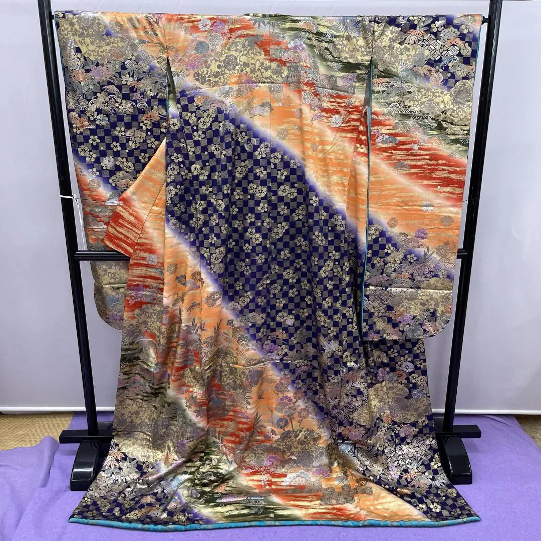 Y★1686★ Hikifurisode Novia Boda Novia Ceremonia de boda Hikifurisode Azul marino Naranja