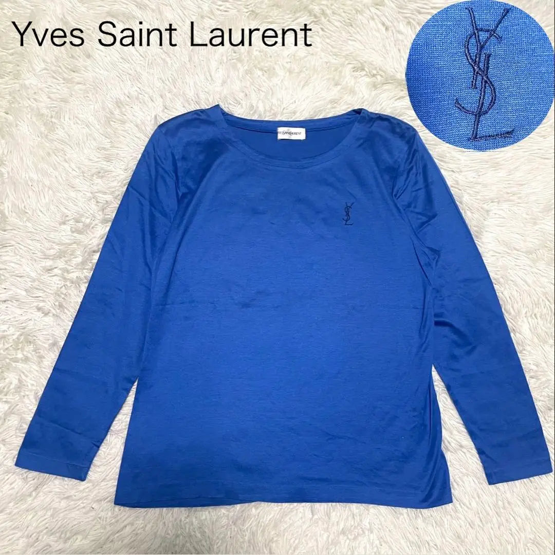 [Yves Saint Laurent] Long sleeve long T-shirt, cut and sew, logo, embroidered, blue, cotton, 100, M size