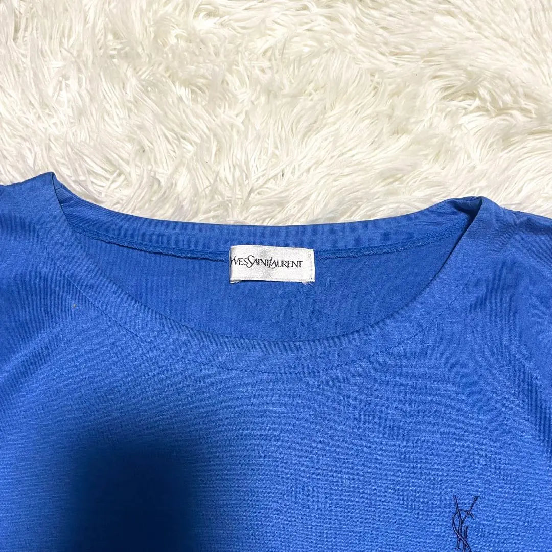 [Yves Saint Laurent] Long sleeve long T-shirt, cut and sew, logo, embroidered, blue, cotton, 100, M size