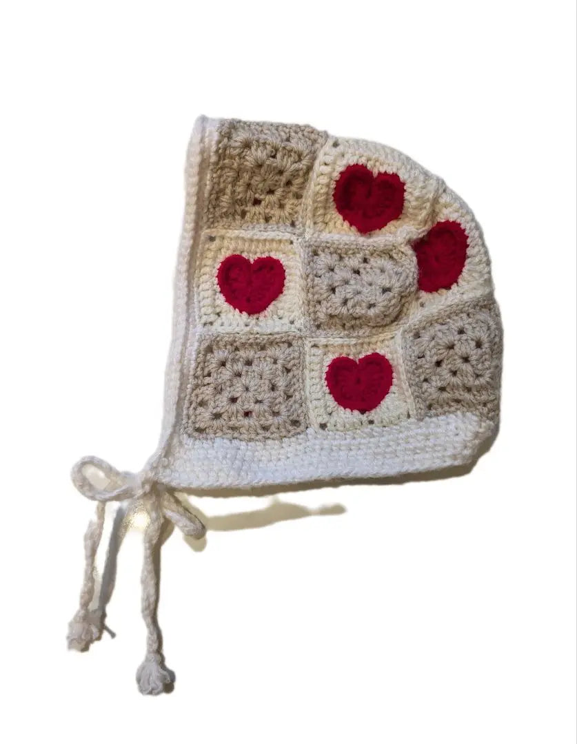 Gorro combinado con orejas de sombrero con patrón de corazón hecho a mano | ハンドメイド ハート模様 帽子 耳あて ボンネット