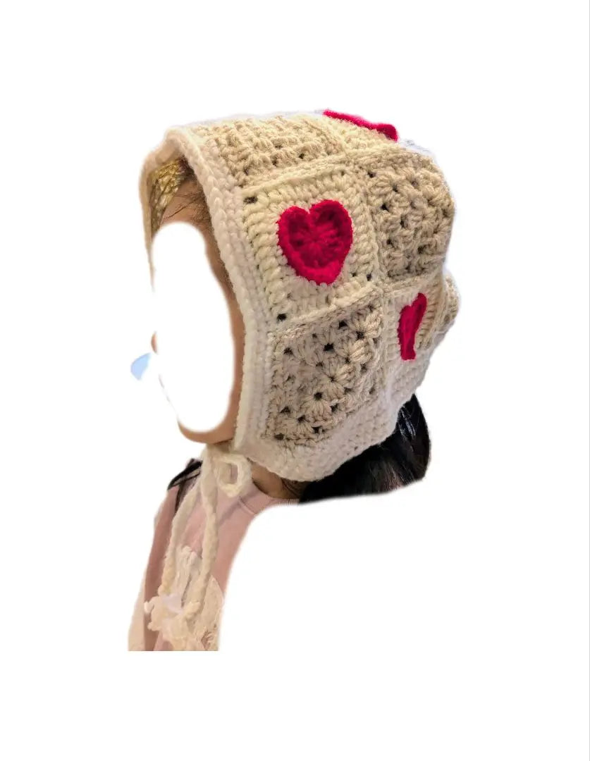 Handmade heart pattern hat ear combo bonnet | ハンドメイド ハート模様　帽子　耳あて　ボンネット