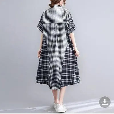 Large size for women, spring and summer, shirt, dress, checkered pattern, short sleeves