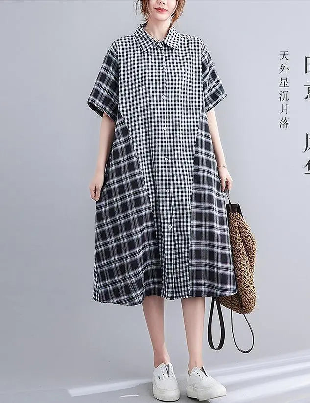 Large size for women, spring and summer, shirt, dress, checkered pattern, short sleeves