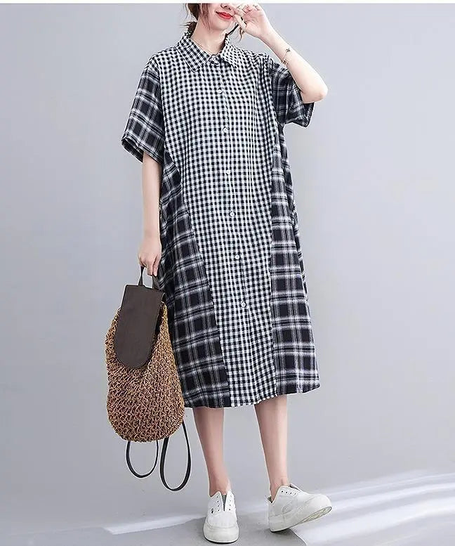 Large size for women, spring and summer, shirt, dress, checkered pattern, short sleeves