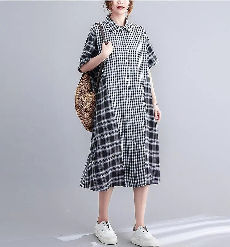 Large size for women, spring and summer, shirt, dress, checkered pattern, short sleeves