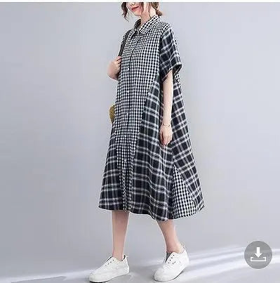 Large size for women, spring and summer, shirt, dress, checkered pattern, short sleeves