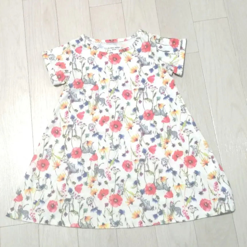 M 110cm GLOBAL WORK Floral Animal Pattern Short Sleeve Dress