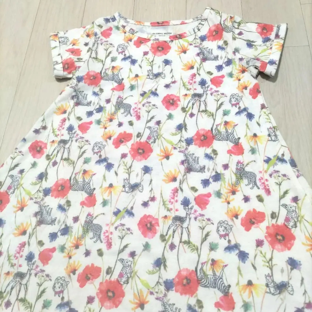 M 110cm GLOBAL WORK Floral Animal Pattern Short Sleeve Dress