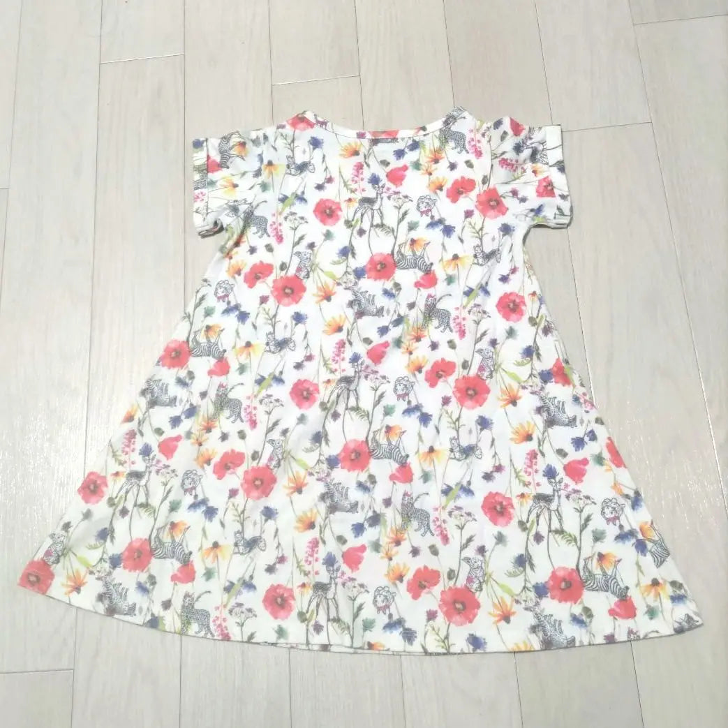 M 110cm GLOBAL WORK Floral Animal Pattern Short Sleeve Dress